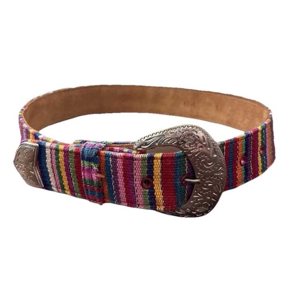 Multicolor Woven Leather Belt Size Small Colorful Striped Silver Buckle *Read*